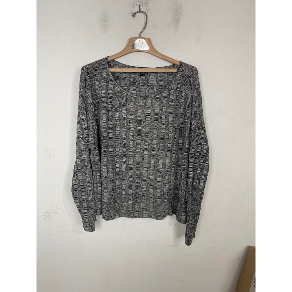 Eileen Fisher Silk Organic‎ Linen Knit Sweater XL Grey White Textured Scoop Neck